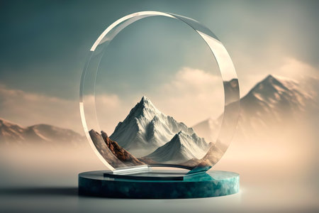 Glass portal podium on fantasy surreal mountains landscape. Generative AI illustrationの素材