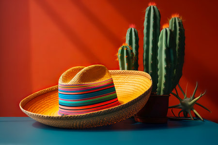 Cinco de Mayo holiday background. Mexican cactus and party sombrero hat on red orange background. Generative AI illustrationの素材