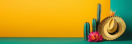 Cinco de Mayo holiday background. Mexican cactus and party sombrero hat on yellow turquoise banner. Generative AI illustrationの素材