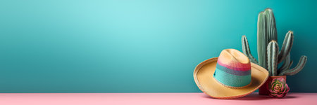 Cinco de Mayo holiday background. Mexican cactus and party sombrero hat on pink turquoise banner. Generative AI illustrationの素材