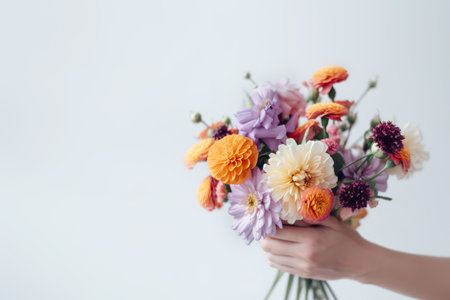 Female hand holds beautiful bouquet of dahlias and chrysanthemums. Mothers day, holiday decor, Flower delivery concept. Generative AI illustrationの素材