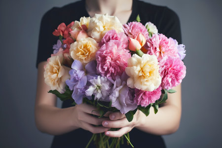 Female hand holds beautiful bouquet of carnation. Mothers day, holiday decor, Flower delivery concept. Generative AI illustrationの素材