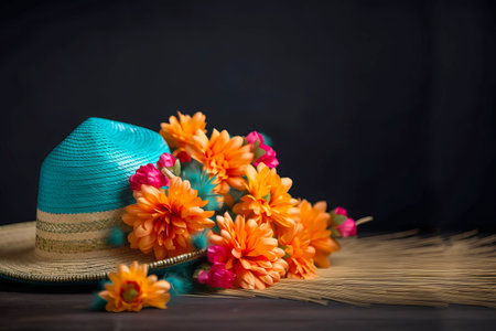 Cinco de Mayo holiday background. Mexican party sombrero hat and flowers on a wooden background. Generative AI illustrationの素材
