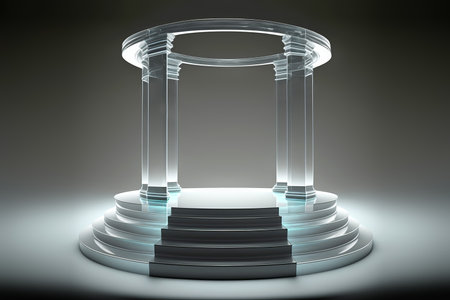 Glass rotunda podium for product presentation on a white background. Generative AI illustrationの素材