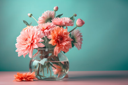 Beautiful dahlia flowers on a turquoise background. Festive floral background. Generative AI illustrationの素材