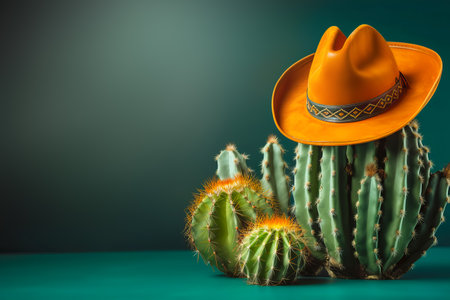 Cinco de Mayo holiday background. Mexican cactus in party sombrero hat on teal green background. Generative AI illustrationの素材