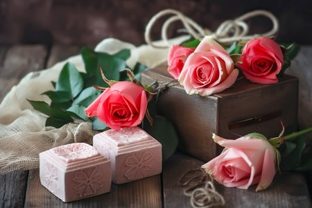 Composition with handmade soap and roses. Festive spa background. Generative AI illustrationの素材