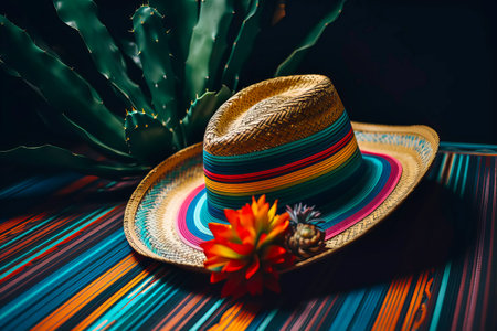 Cinco de Mayo holiday background. Mexican blooming cactus and party sombrero hat. Generative AI illustrationの素材