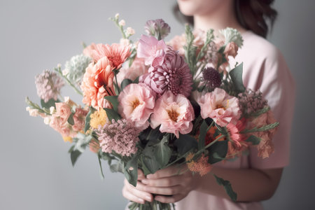 Female hand holds beautiful bouquet of dahlias and chrysanthemums. Mothers day, holiday decor, Flower delivery concept. Generative AI illustrationの素材