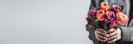 Female hand holds beautiful bouquet of roses. Mothers day, holiday decor, Flower delivery banner. Generative AI illustrationの素材