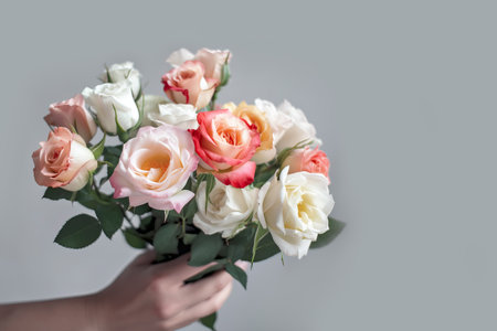 Female hand holds beautiful bouquet of roses. Mothers day, holiday decor, Flower delivery concept. Generative AI illustrationの素材