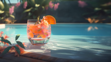Tropical cocktail with ice by the pool. Generative AI illustrationの素材