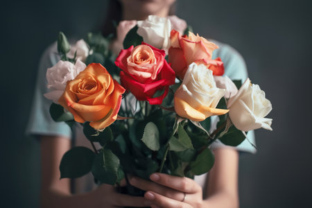 Female hand holds beautiful bouquet of roses. Mothers day, holiday decor, Flower delivery concept. Generative AI illustrationの素材