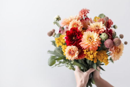Female hand holds beautiful bouquet of dahlias and chrysanthemums. Mothers day, holiday decor, Flower delivery concept. Generative AI illustrationの素材