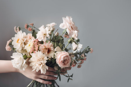 Female hand holds beautiful bouquet of dahlias and chrysanthemums. Mothers day, holiday decor, Flower delivery concept. Generative AI illustrationの素材