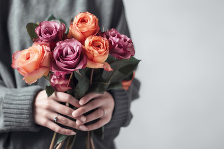 Female hand holds beautiful bouquet of roses. Mothers day, holiday decor, Flower delivery concept. Generative AI illustrationの素材