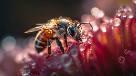A bee on red flower collects pollen. Generative AI illustrationの素材