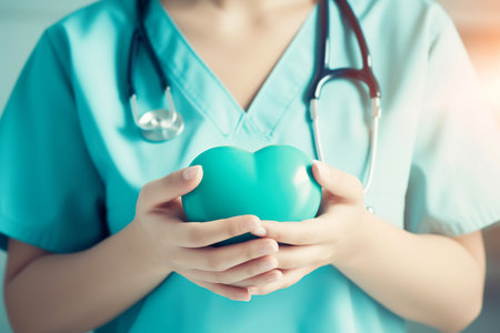 Faceless nurse or doctor in blue uniform holding a heart. Generative AI illustrationの素材