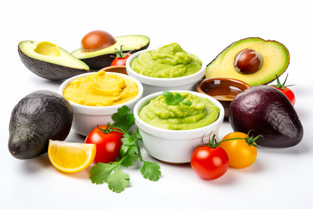 Mexican dips set. Guacamole with nachos. Generative AI illustrationの素材