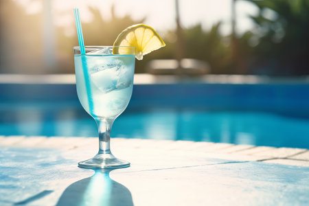 Refreshing cocktail with ice against the backdrop of pool. Generative AI illustrationの素材