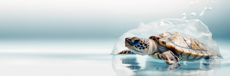 Turtle in plastic bag. Platic pollution problem. Environment concept. Protect turtles. Generative AI illustrationの素材