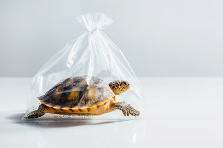 Turtle in plastic bag. Platic pollution problem. Environment concept. Protect turtles. Generative AI illustrationの素材