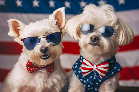 Cute doggies wear festive clothes in american flag colors. Independence Day or flag day. Generative AI illustrationの素材