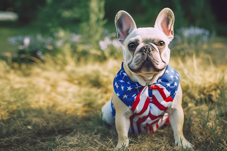 Bulldog wear festive clothes in american flag colors. Independence Day or flag day. Generative AI illustrationの素材