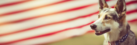 Cute dogg on American flag banner. Independence Day or flag day. Generative AI illustrationの素材