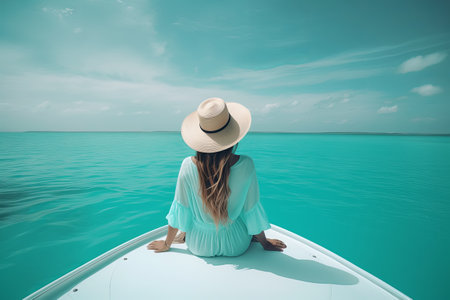Back view of young woman relaxing on boat and looking at ocean. Generative AI illustrationの素材