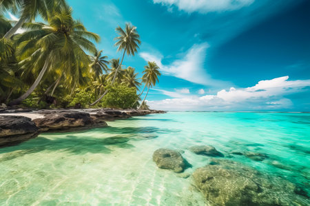 Beautiful tropical island in turquoise ocean. Generative AI illustrationの素材