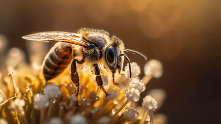 A bee on yellow flower collects pollen. Generative AI illustrationの素材