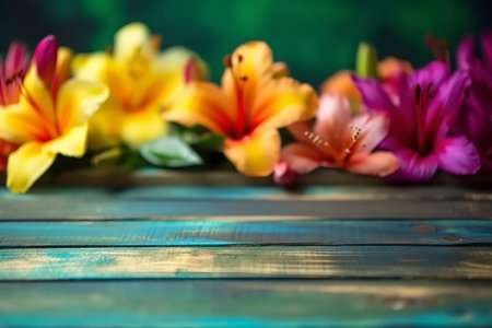 Empty wooden tabletop with colorful flowers background for advertising and presentation. Selective focus on tabletop. Generative AI illustrationの素材