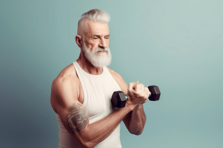 Old man with dumbbells on grey background. Active lifestyle concept. Generative AI illustrationの素材