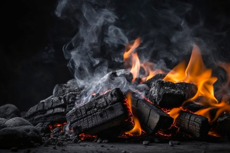 Charcoal Flames Background for Barbecue. Empty Burning charcoal for product placement. Generative AI illustrationの素材
