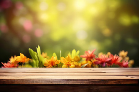 Empty wooden tabletop with colorful flowers background for advertising and presentation. Selective focus on tabletop. Generative AI illustrationの素材