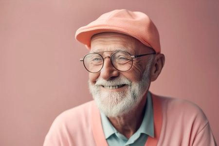 Smiling bearded Senior hipster in pink clothes on a pastel background. Generative AI illustrationの素材
