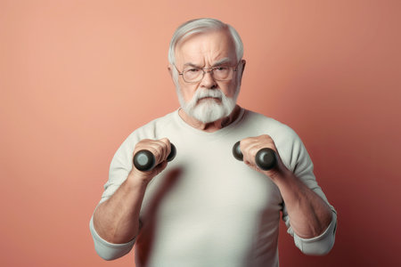 Old angry man with dumbbells on pink background. Active lifestyle concept. Generative AI illustrationの素材