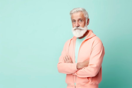 Smiling bearded Senior hipster in pink clothes on a pastel background. Generative AI illustrationの素材