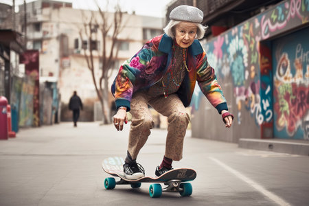 Nice old skateboarder wears bright clothes and skateboarding down the city street. Generative AI illustrationの素材