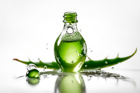 Fresh Aloe vera, droplets and cosmetic bottle on white background. Generative AI illustrationの素材
