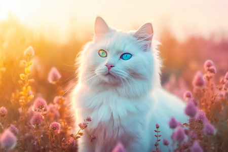 Beautiful fluffy white cat with bicolor eyes on sunset light background. Generative AI illustrationの素材