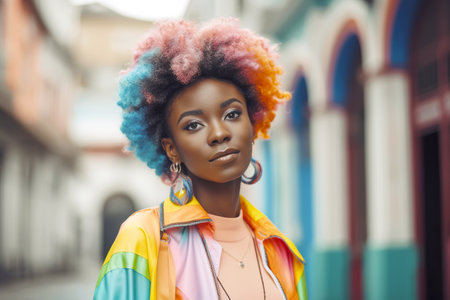 Thoughtful black woman with gradient afro hair. Generative AI illustrationの素材