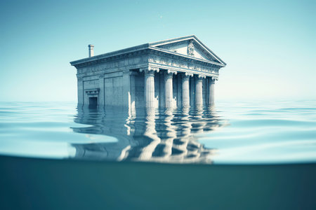 Banking Default and Bank Crisis. Banks drowning in debt with financial instability concept. Generative AI illustrationの素材