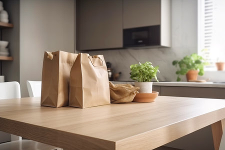 Paper shopping bags on wooden countertop in kitchen. Generative AI illustrationの素材