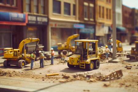 Tiny workers in protective helmets and vests doing earthworks close up. Generative AI illustrationの素材