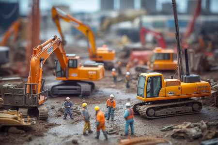Tiny workers in protective helmets and vests doing earthworks close up. Generative AI illustrationの素材