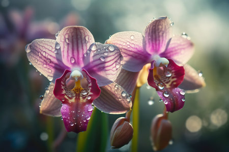 Beautiful Surreal orchids with dew drops close-up. Floral background. Generative AI illustrationの素材