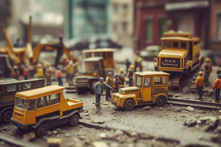Tiny workers in protective helmets and vests doing earthworks close up. Generative AI illustrationの素材