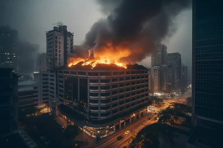 Big fire in city. Burning buildings with fire and smoke. Generative AI illustrationの素材